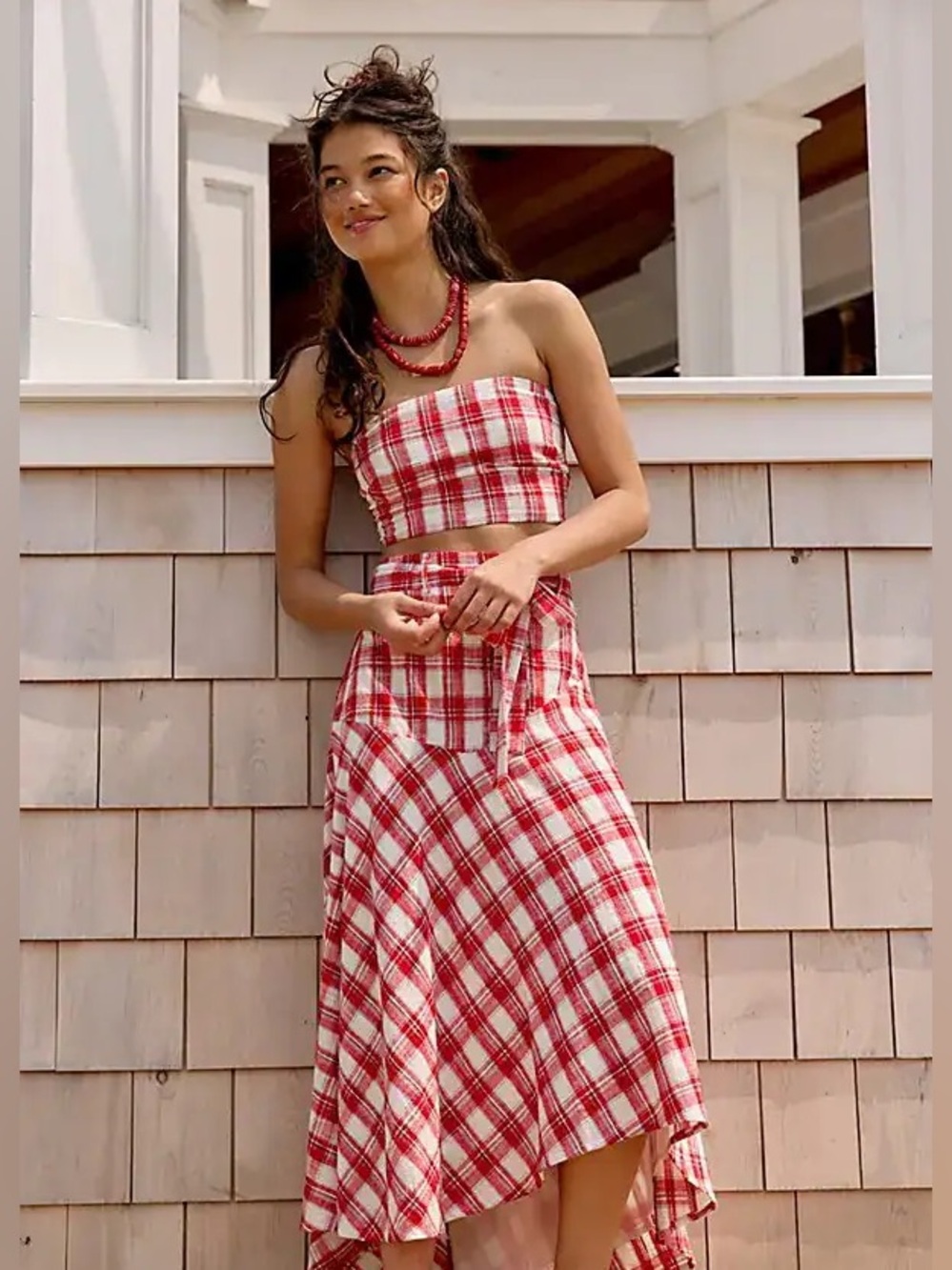 Free People After You Set Red & white plaid crop top and Maxi skirt set.